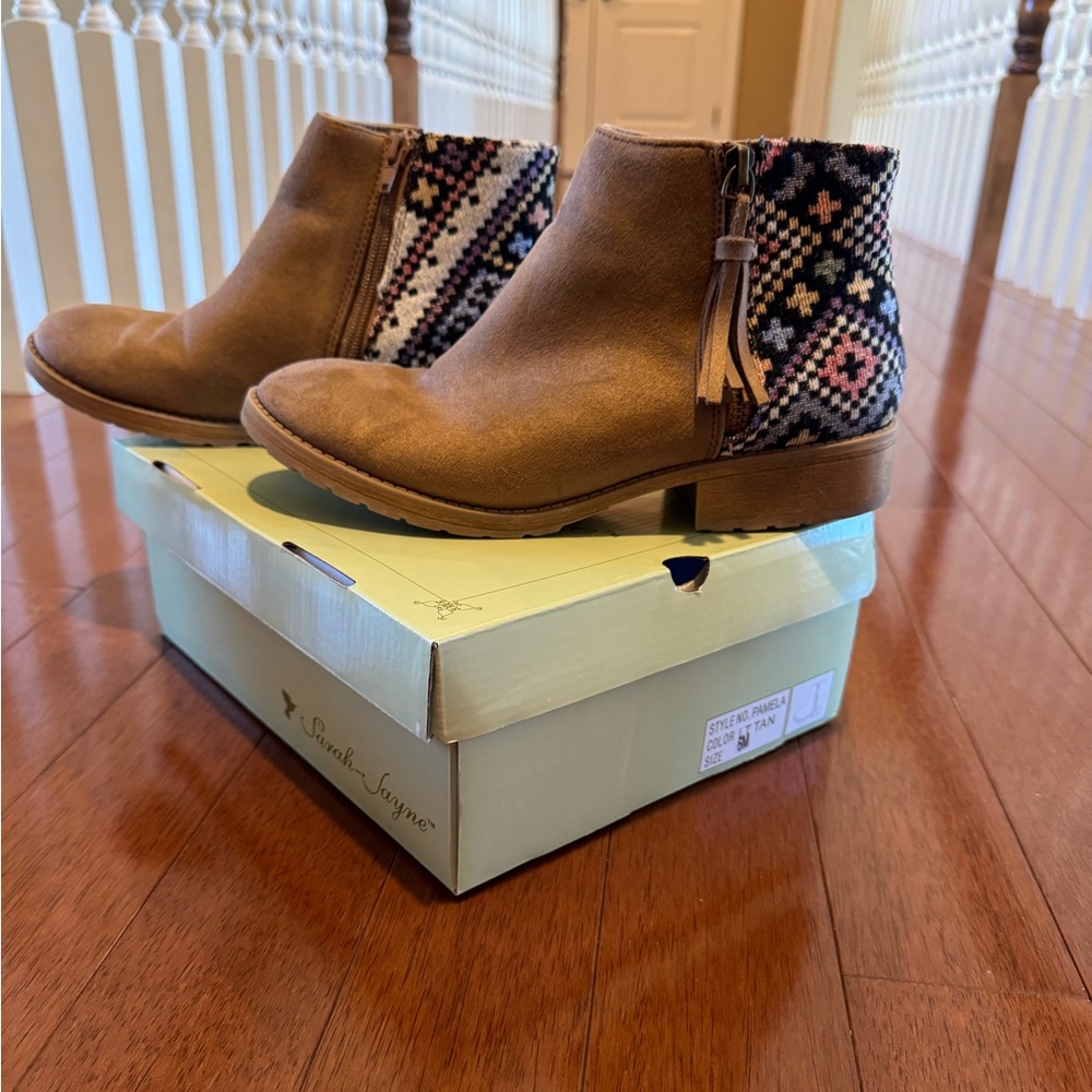 Sarah Jayne Brown Ankle Boots with Patterned Design